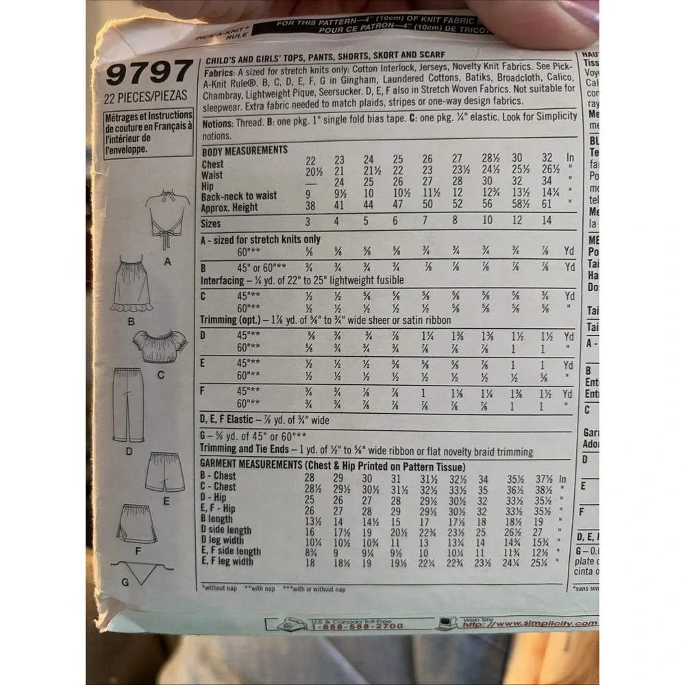 Simplicity Pattern 9797 Child's 6 Easy Tops Pants Shorts Skort Scarf 7-14 Uncut